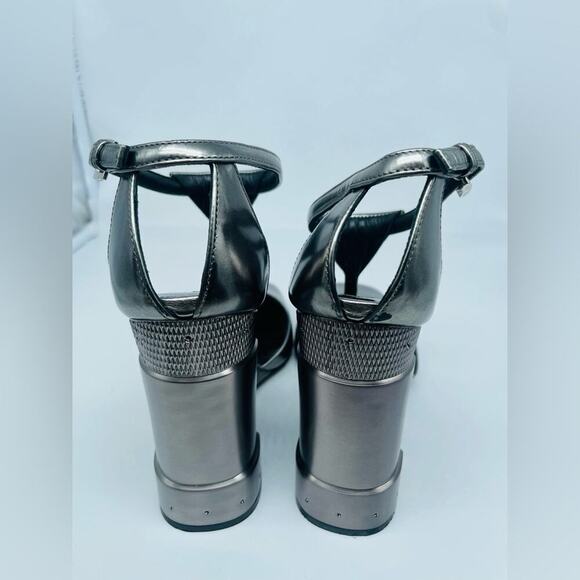 Prada Metallic Grey T Strap Metal Embossed Wedge Sandals Runway 2014 EU 37.5 - Picture 10 of 16